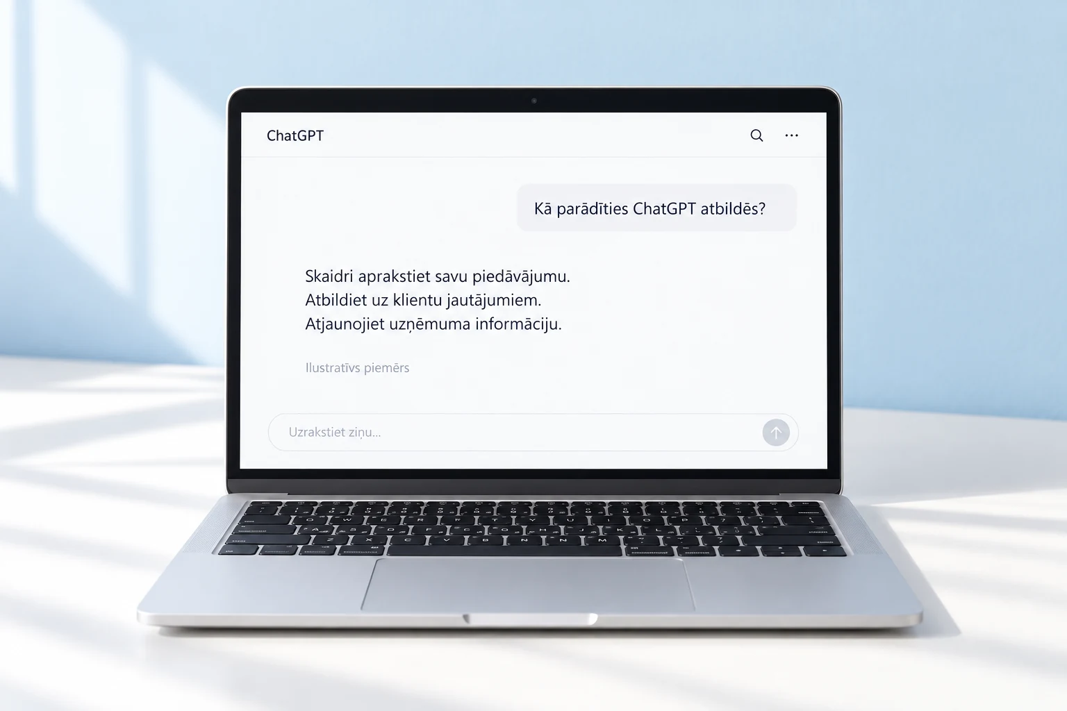 Silver laptop on a white desk showing an illustrative ChatGPT conversation about business visibility in Latvian.