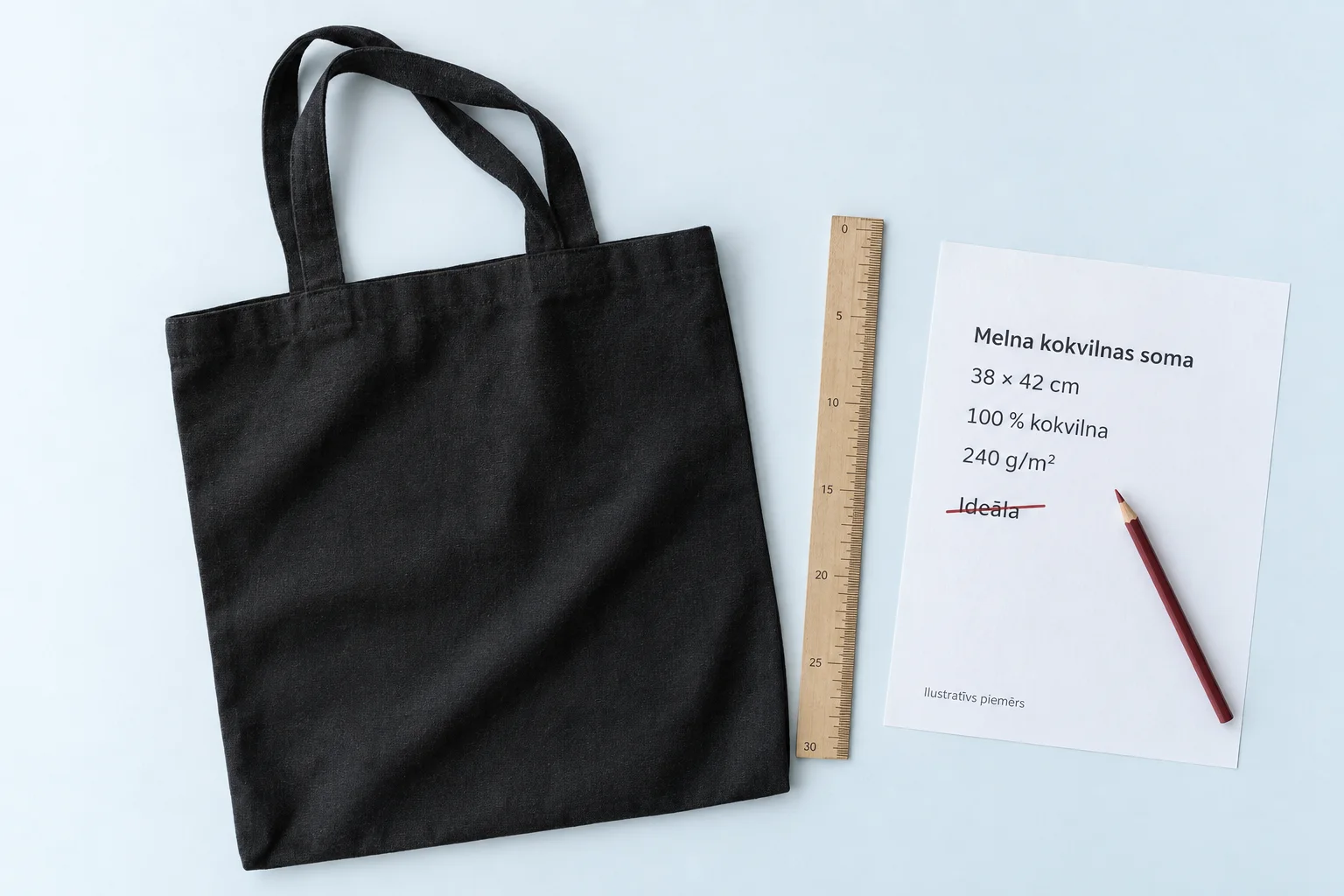 Ilustratīvs piemērs: melna kokvilnas soma līdzās lineālam un aprakstam, kurā izsvītrots vārds „Ideāla“.