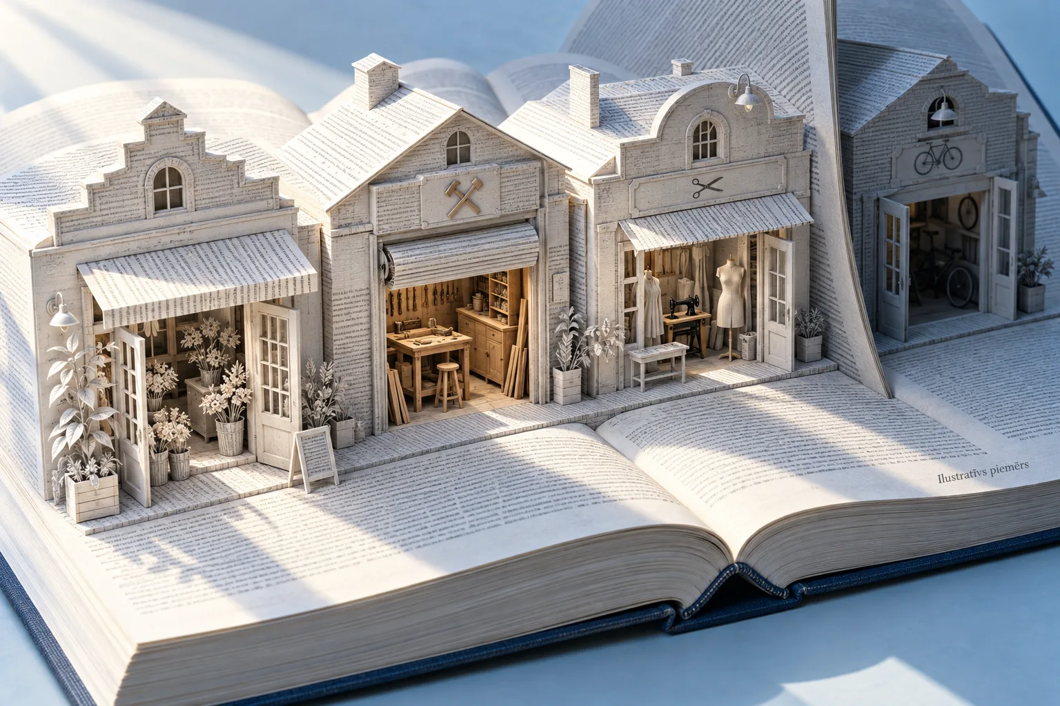 Illustrative example: paper workshops built from an open business directory; three are lit and a fourth sits in a page's shadow.