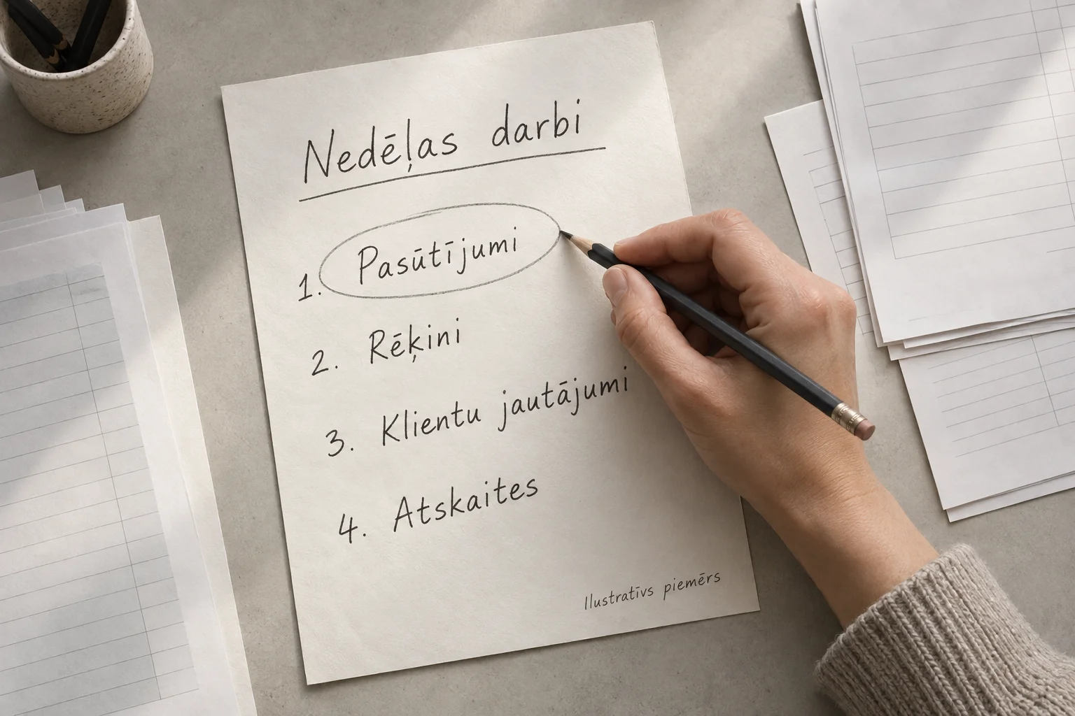 Ilustratīvs piemērs: roka ar zīmuli nedēļas darbu sarakstā apvelk pasūtījumus; zemāk ir rēķini, klientu jautājumi un atskaites.